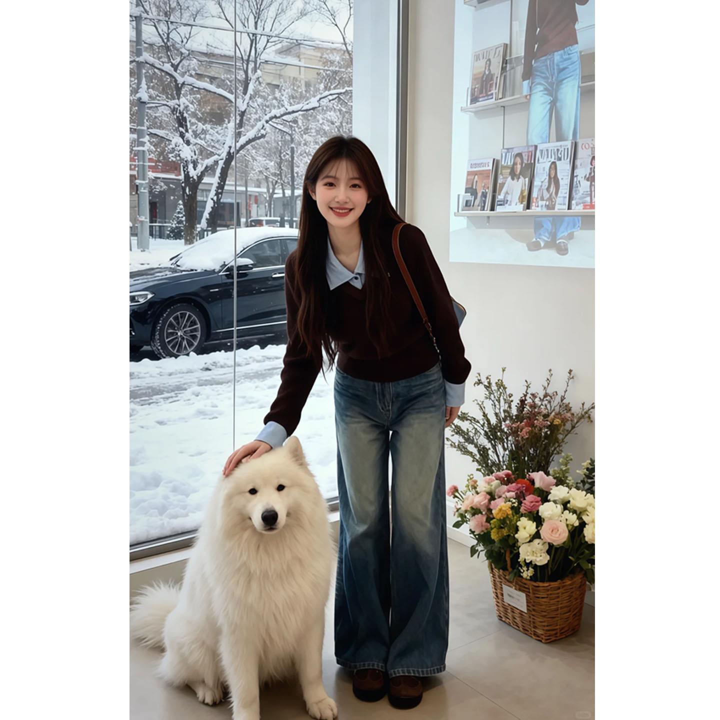 JOYIASS2025冬装搭配一整套韩系撞色翻领针织上衣复古蓝色阔腿牛