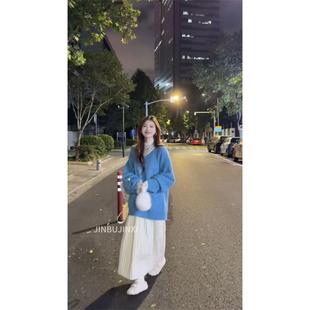 JOYIASS秋冬装搭配一整套高级感蕾丝打底衫慵懒风V领毛衣半身裙三