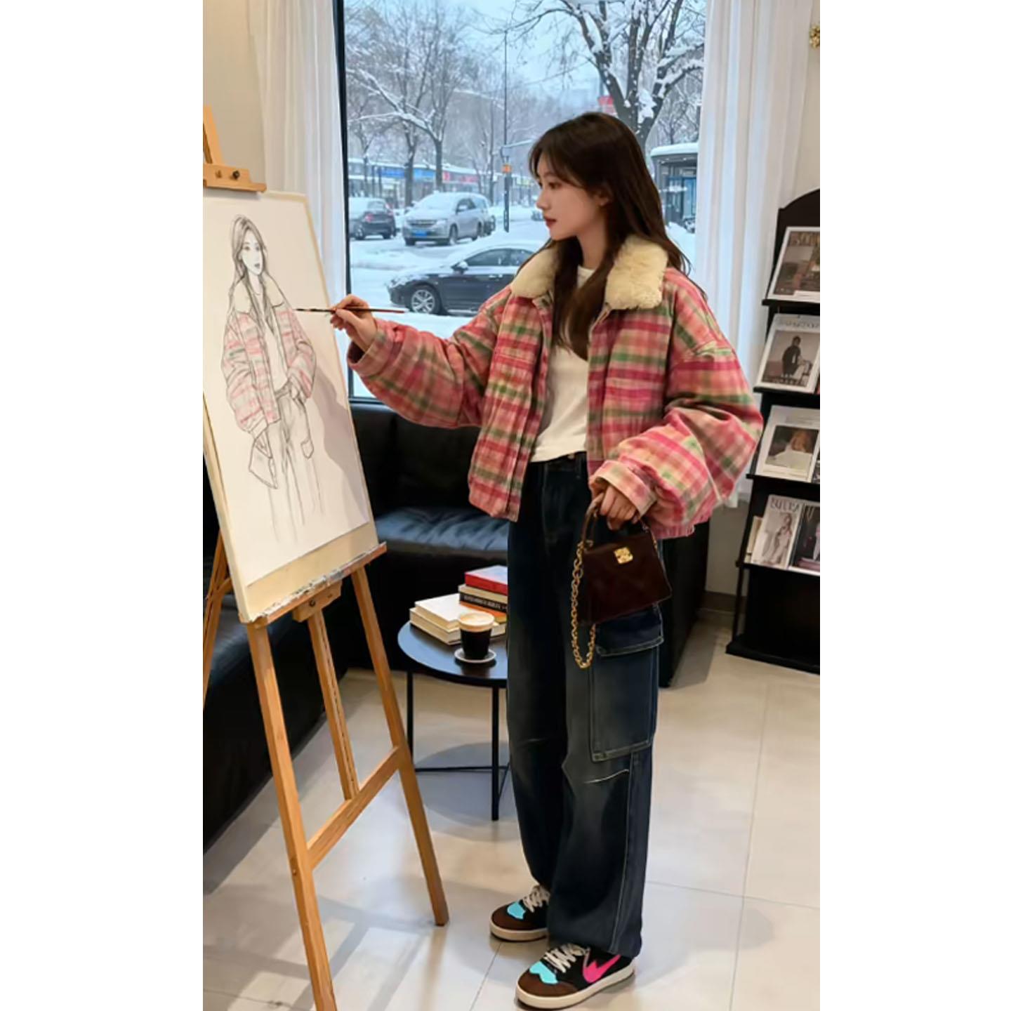 JOYIASS巨好看的两件套冬装韩系撞色格纹翻领外套显瘦甜酷高腰牛