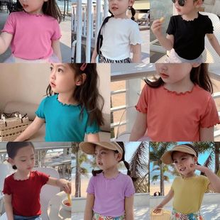 韩版 女童宝宝夏装 t恤亲子家新款 冰丝短袖 百搭条纹洋气木耳边中小