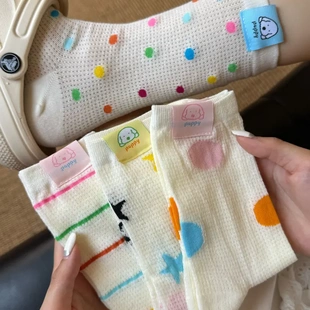 薄款 网眼彩色波点多巴胺中筒袜puppy小狗布标条纹袜子女夏季 ins潮