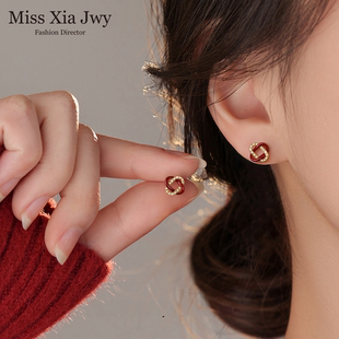 纯银红色同心结耳钉高级感礼物耳环2026马年新年女金色耳饰本命年