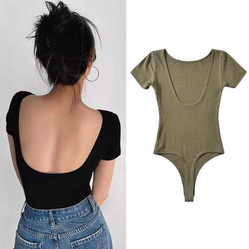 欧美纯色性感大露背连体