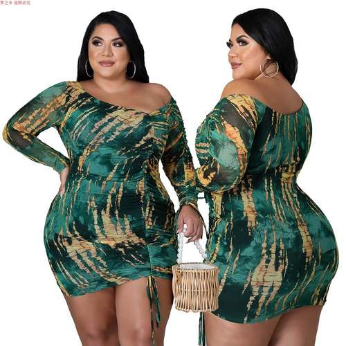 L-4xl plus print diagonal shoulder nightclub dress大码女裙子