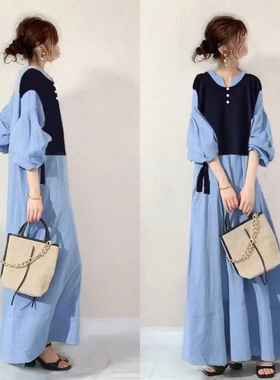 2023日系乐天爆款假两件拼接撞色连衣裙 Fake two long dresses