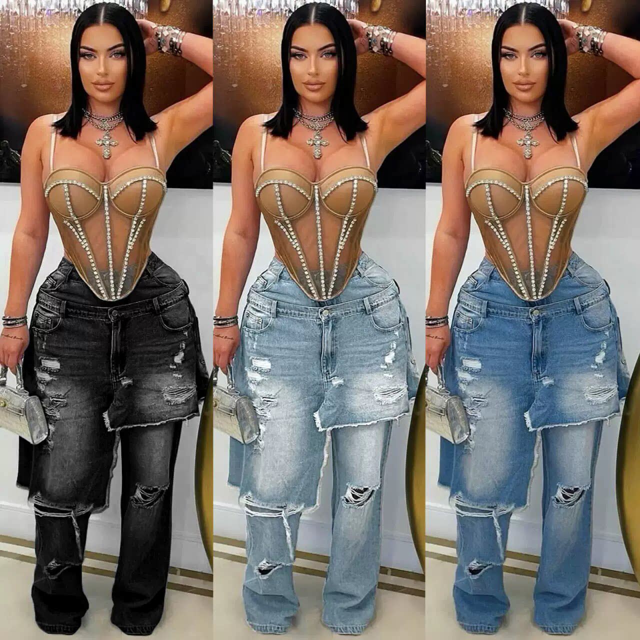 women jeans pants loose ladies 欧美牛仔做旧拼接宽松直筒长裤