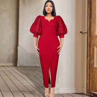 S-4xl large red slit evening dress lantern sleeve Dress大码