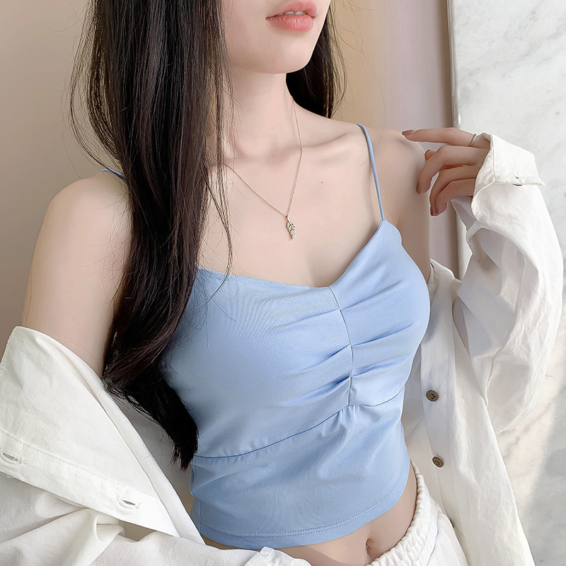 细肩带一体式吊带背心女露脐短款内搭打底背心带胸垫露背性感美背