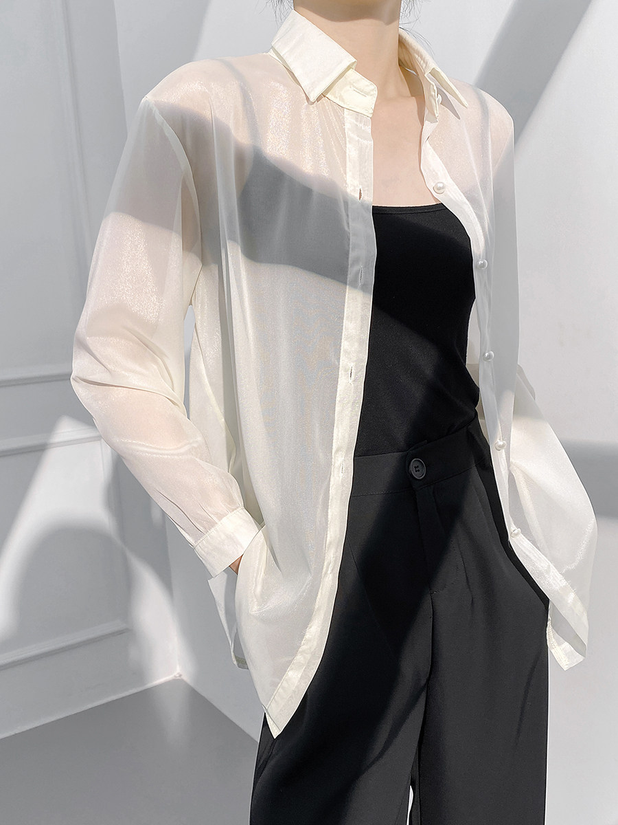 雪纺防晒衬衫垂感开衫女夏季微透薄款天丝白色抗皱衬衫遮阳外搭