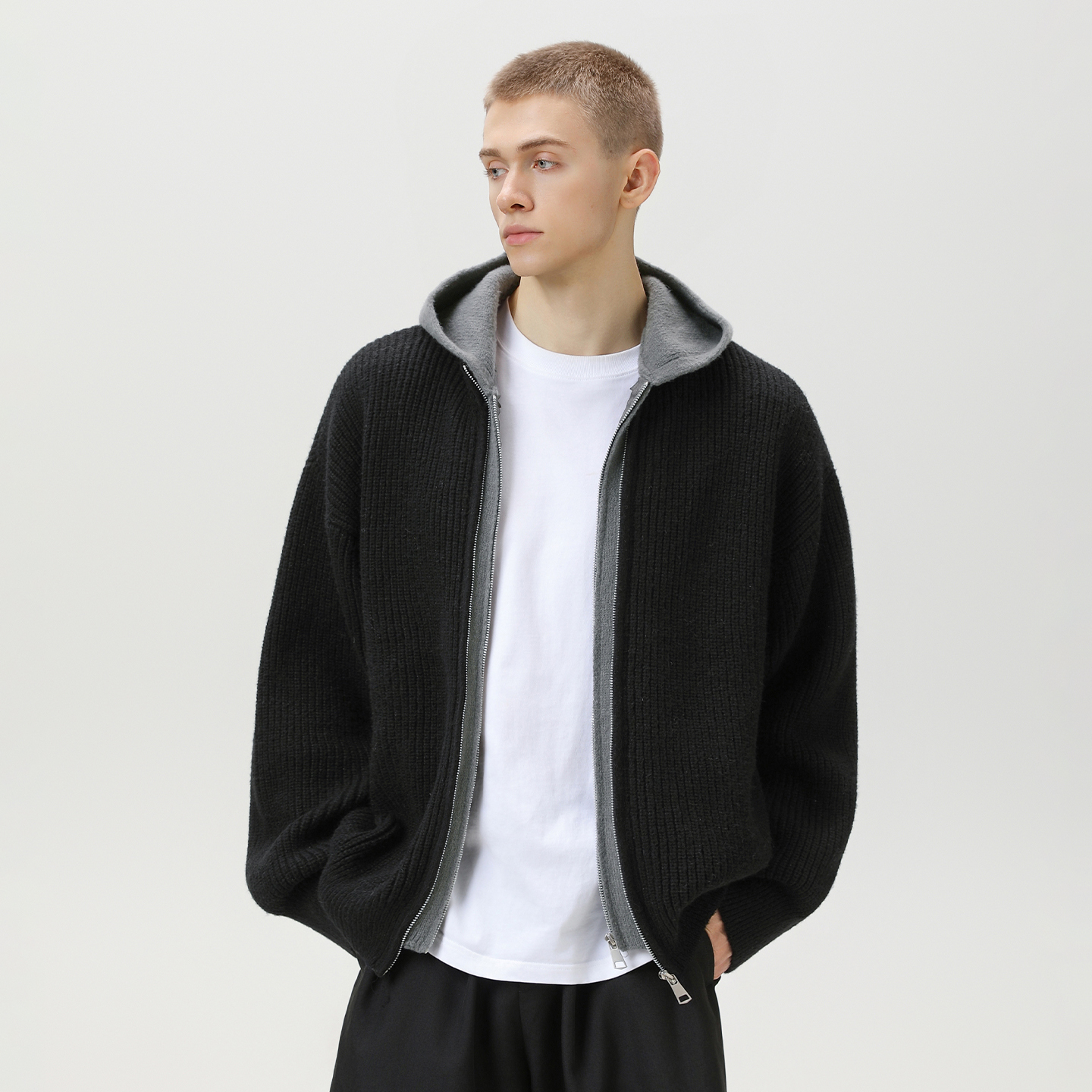 STA复古拉链开衫连帽卫衣针织衫