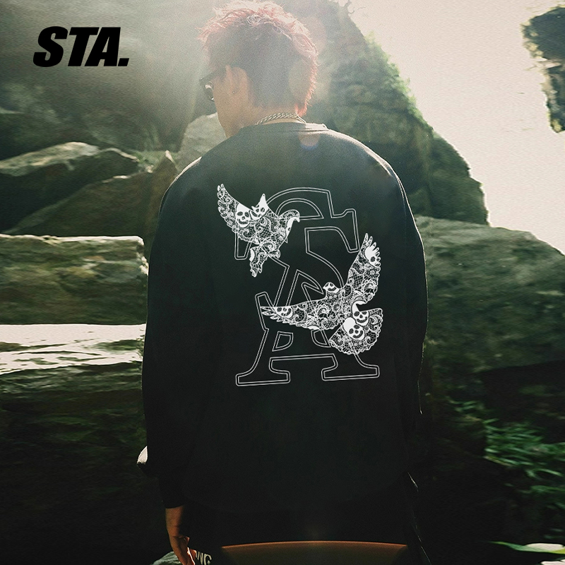 STA官方店和平鸽字母圆领长袖卫衣美式高街宽松男女同款加绒上衣