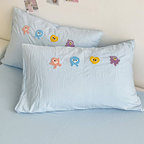 小怪兽水洗棉非全棉纯棉枕套一对装2024款毛巾绣枕头套48X74夏季