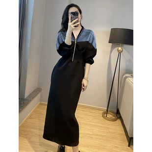 新款 2023欧货 黑色牛仔拼接复古连衣裙女拉链收腰显瘦港风长裙春季