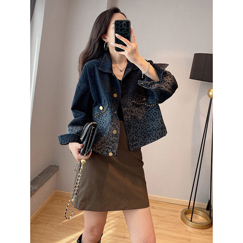 短款黑色牛仔豹纹外套女春秋季新款港风百搭小个子夹克2022欧洲站