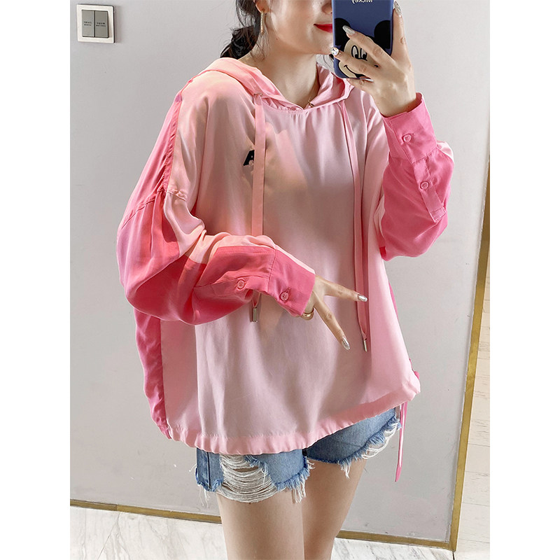 宽松长袖连帽抽绳薄款卫衣女防晒上衣2020夏季新款欧洲站欧货潮