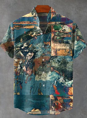 3D印花翻领短袖衬衫 3D Printed Men's Lapel Short Sleeve Shirt