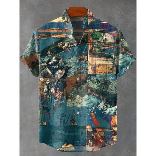 3D印花翻领短袖衬衫 3D Printed Men's Lapel Short Sleeve Shirt