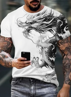 Leisure 3D printed large round neck T-shirt休闲3D大码圆领T恤