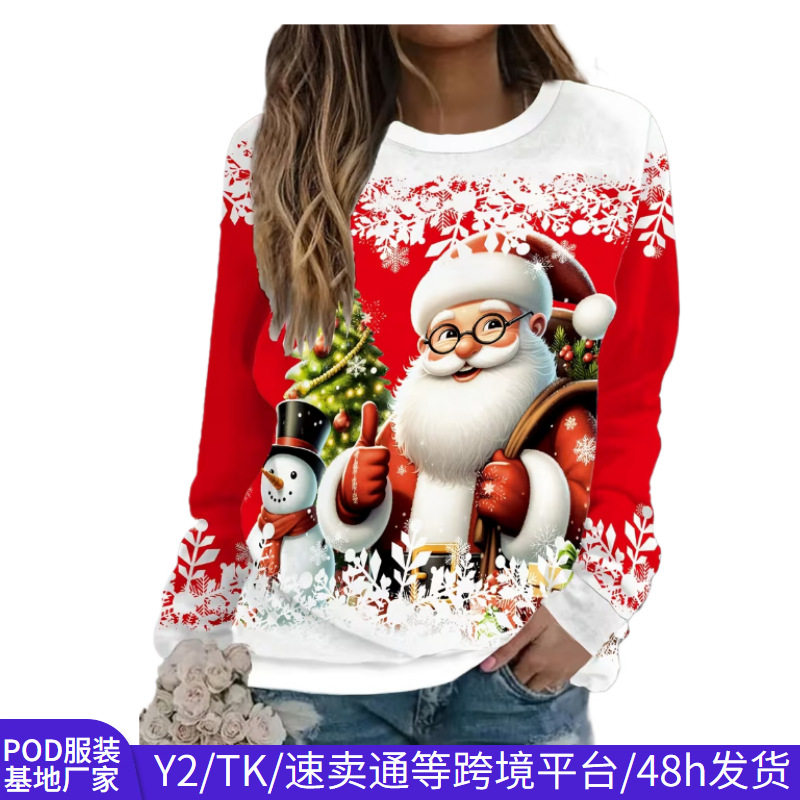 亚马逊跨境新款圣诞数码印花圆领套头卫衣女休闲宽松秋冬长袖上衣