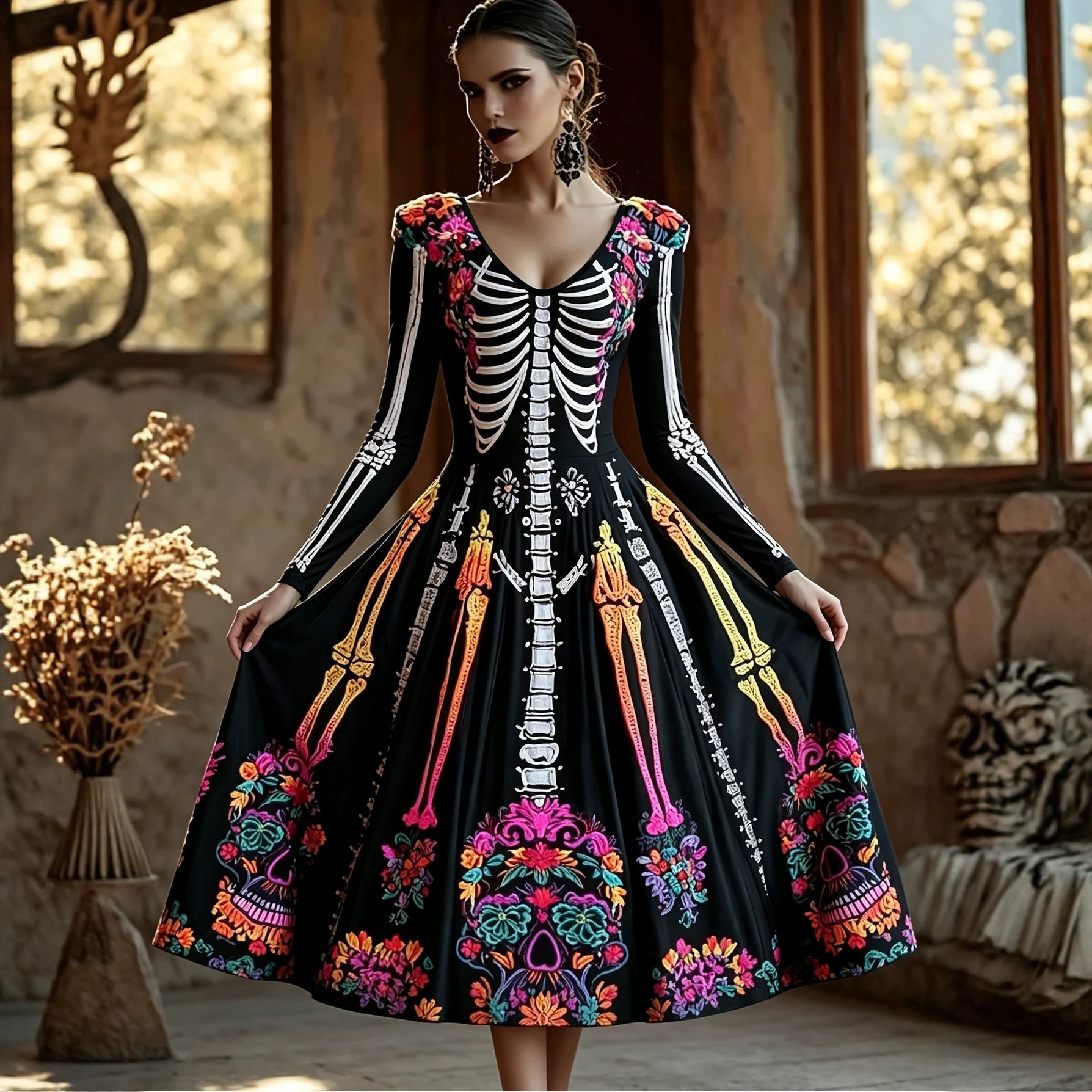 欧美宫廷风长袖印花连衣裙女收腰V领万圣节头长款裙women's dress