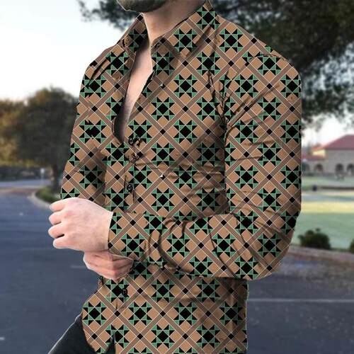 Retro floral print men's long sleeve shirt3D花草印花长袖衬衫