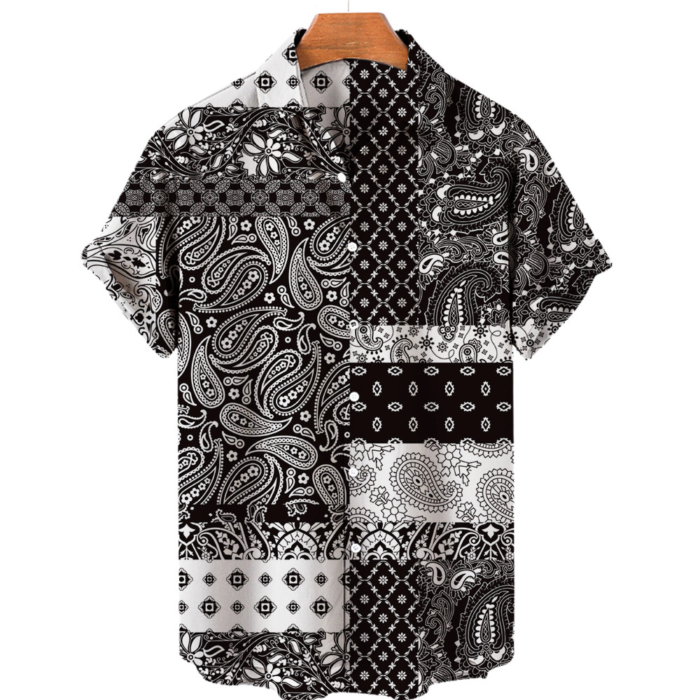 3D geometric lapel short-sleeved shirt复古3D几何翻领短袖衬衫 - 实物图