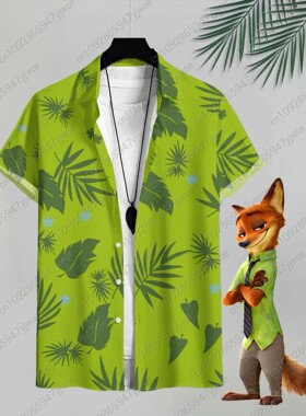 休闲度假3D绿色印花衬衫短袖 Casual 3D printed lapel shirt top