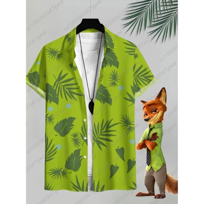 休闲度假3D绿色印花衬衫短袖 Casual 3D printed lapel shirt top