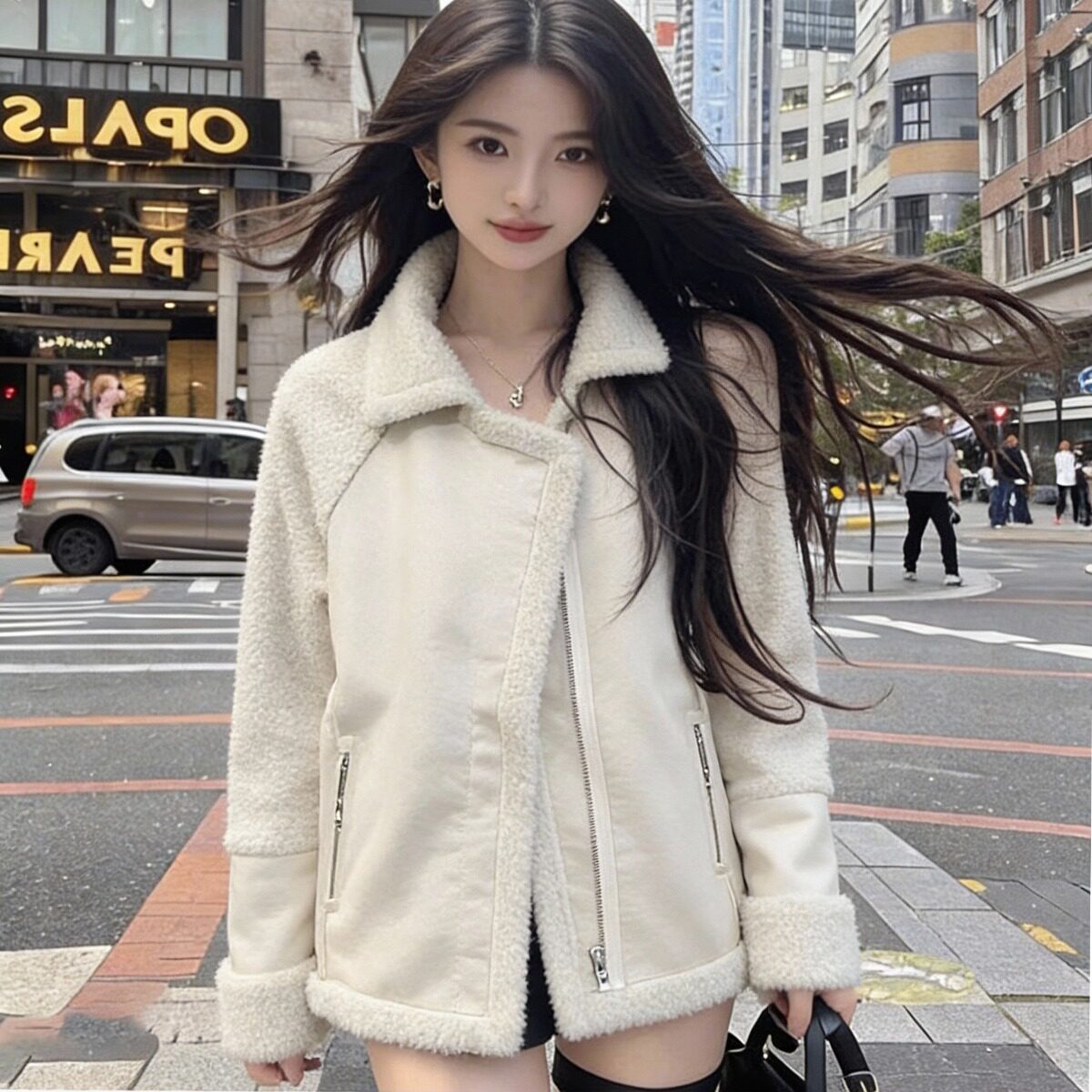 机车服加厚一体小个子皮毛女羊羔卫衣/绒衫