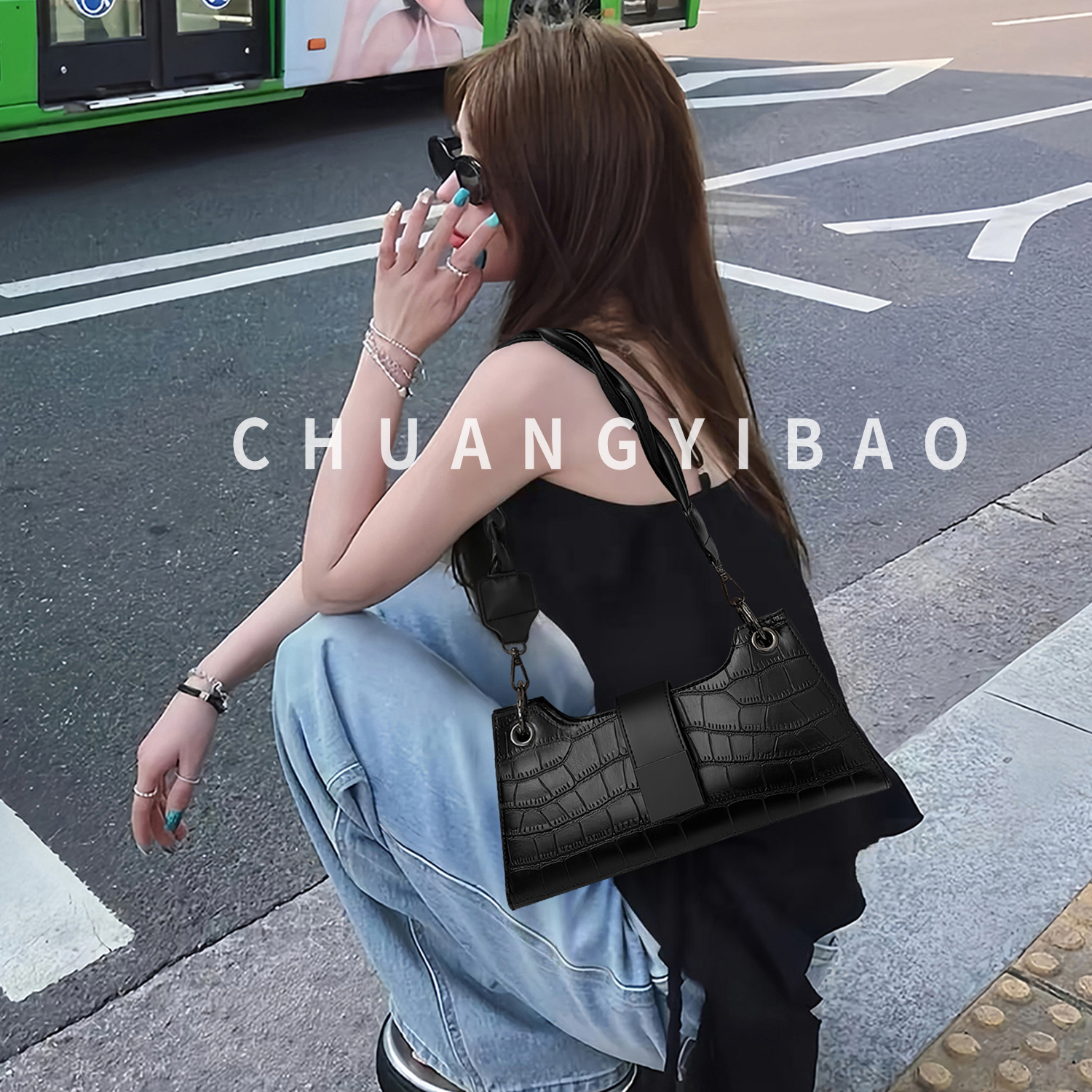 【品牌直营】法式鳄鱼纹单肩包