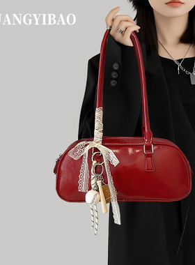红色法棍腋下保龄球新娘包包女2025新款轻奢小众高级感波士顿婚包