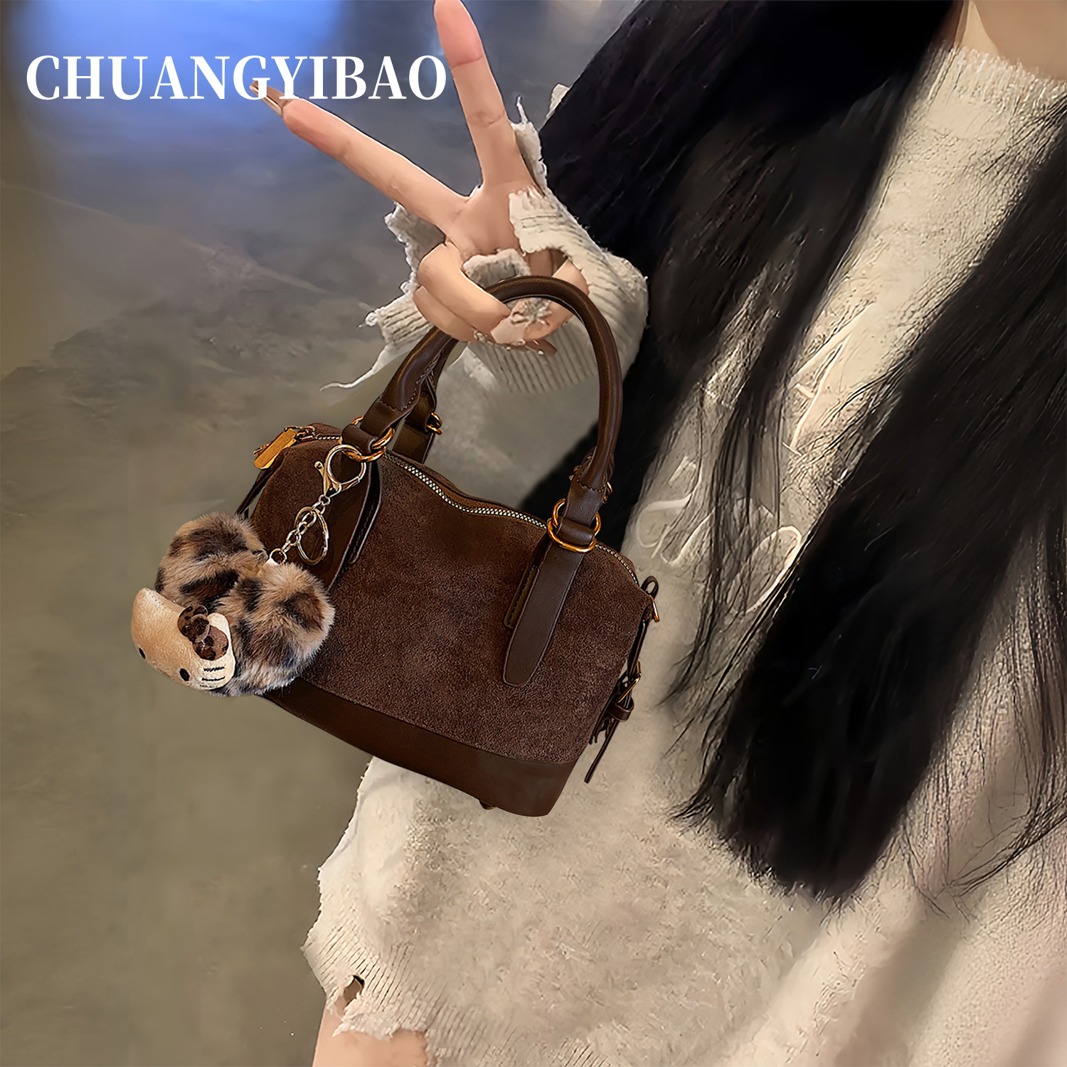 【品牌直营】麂皮手提波士顿包