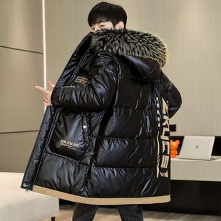带毛领亮面羽绒棉服男中长款棉衣男冬季加厚保暖防寒连帽棉袄外套
