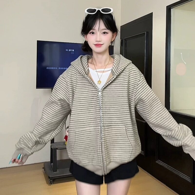 韩系条纹拉链开衫卫衣女秋新款