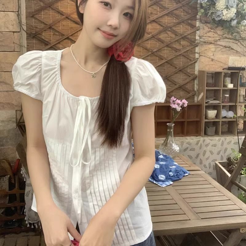 夏季法式系带泡泡袖显瘦短袖衬衫