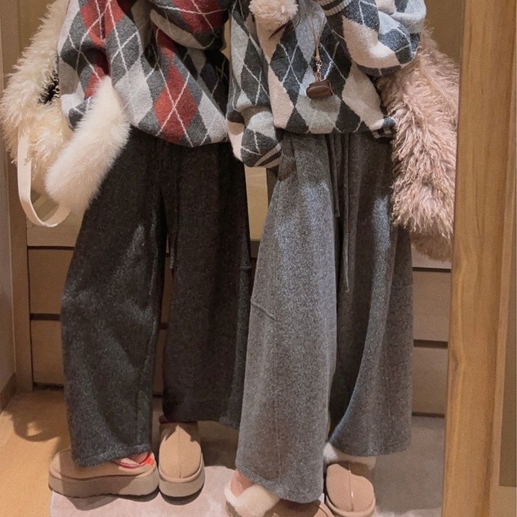 深灰色2026新款韩版小个子直筒阔腿毛呢九分裤女冬加厚宽松裤潮流