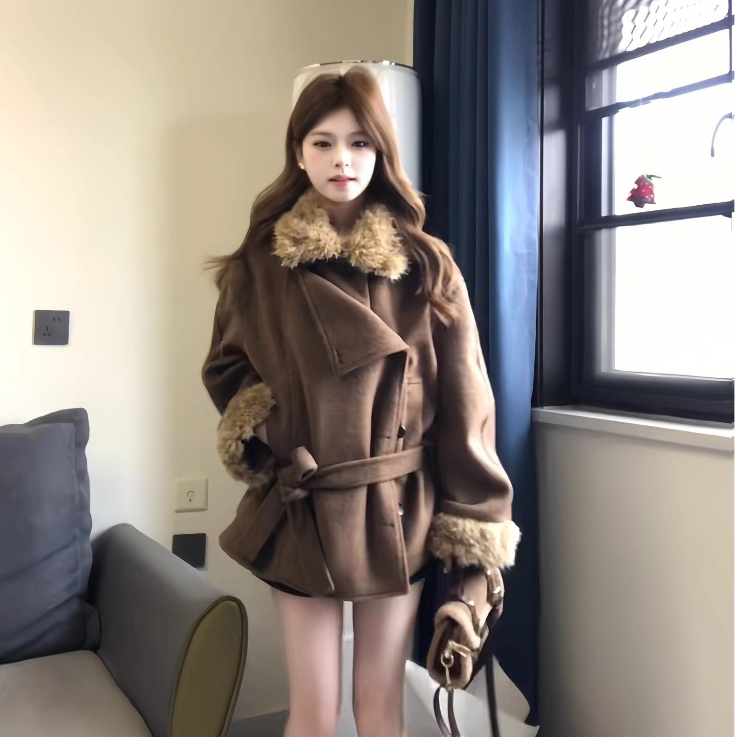 秋冬加厚毛领呢子大衣女