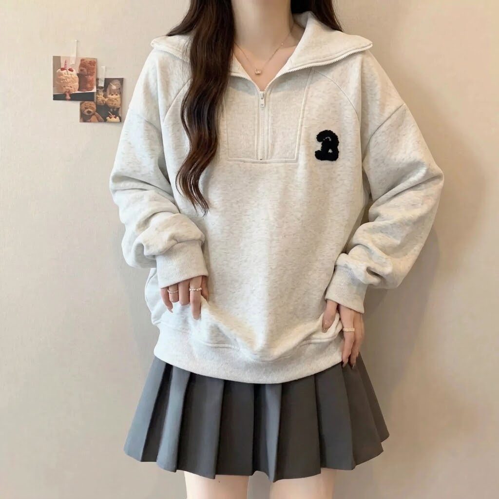 美式宽松半拉链翻领显瘦女卫衣