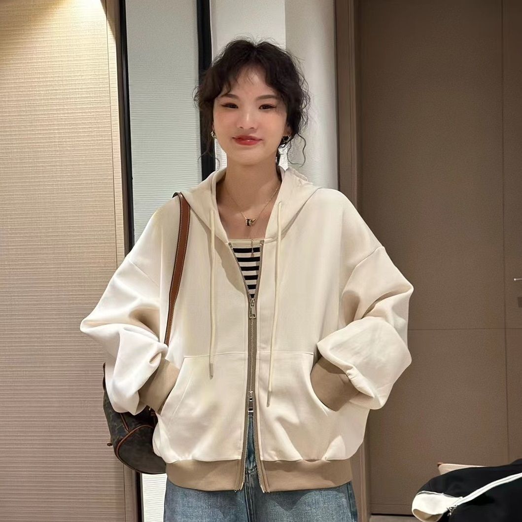 加绒连帽复古拼色卫衣短外套春秋双拉链百搭显瘦休闲上衣女冬
