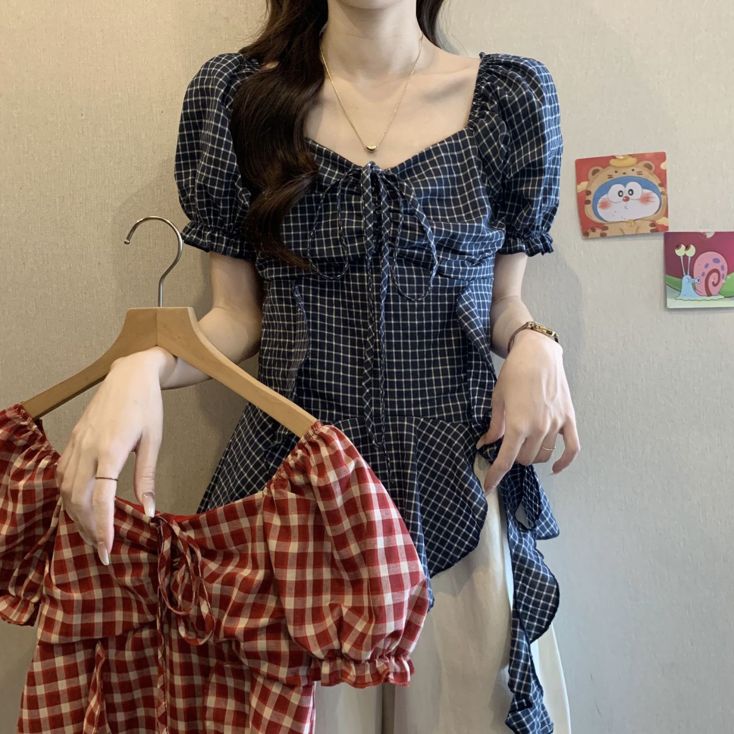 夏季法式方领泡泡袖大码格子衬衫