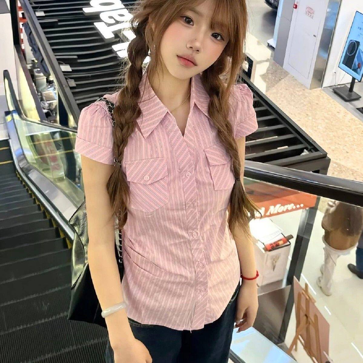 夏季复古粉条修身短袖衬衫小个子