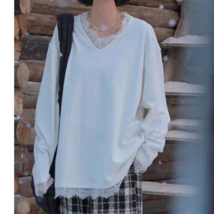 白色v领蕾丝拼接德绒保暖长袖t恤打底衫女秋冬宽松内搭高级感上衣