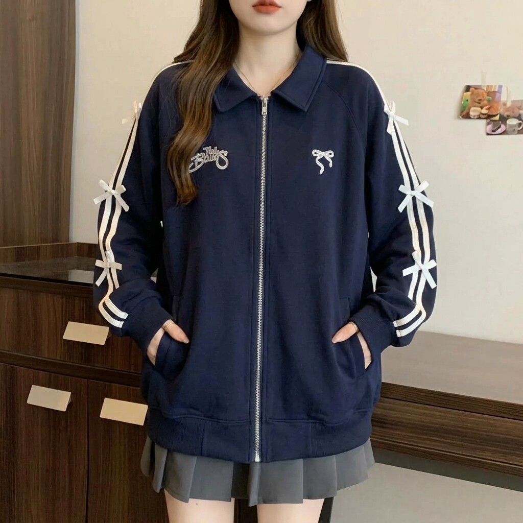 韩版刺绣蝴蝶结卫衣外套女大码