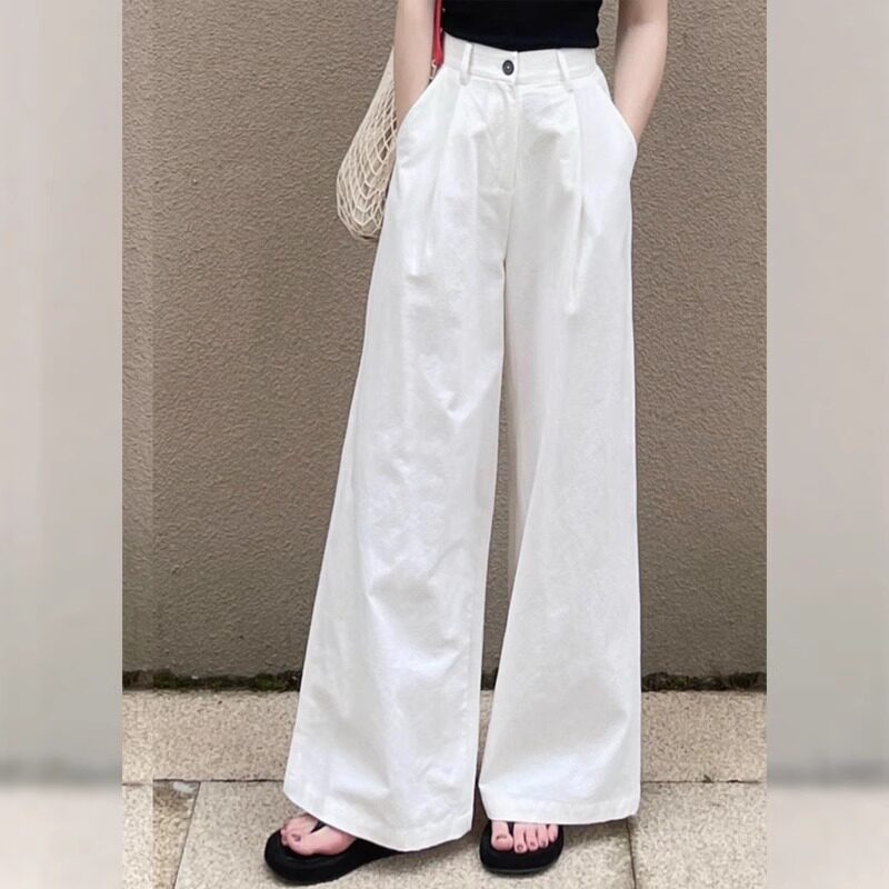 白色夏季高腰梨形宽松直筒女裤