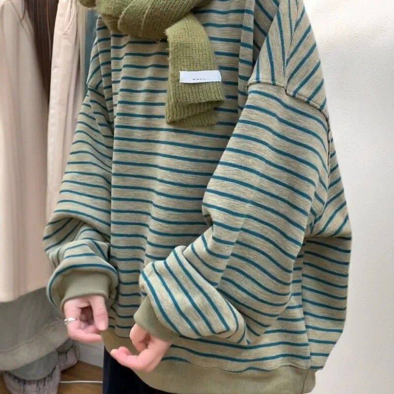 韩系ins条纹加绒卫衣女秋冬