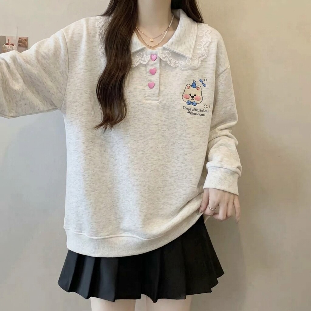 日系甜美蕾丝拼接大码宽松卫衣