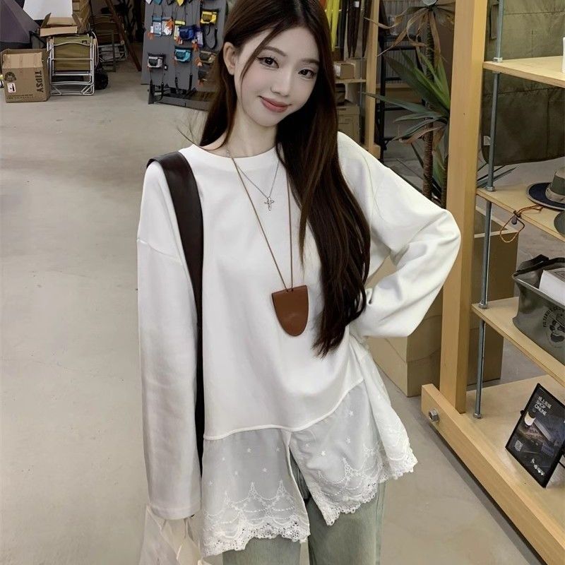 德绒韩系白色长袖T恤女秋冬设计感蕾丝内搭打底衫宽松开叉上衣潮