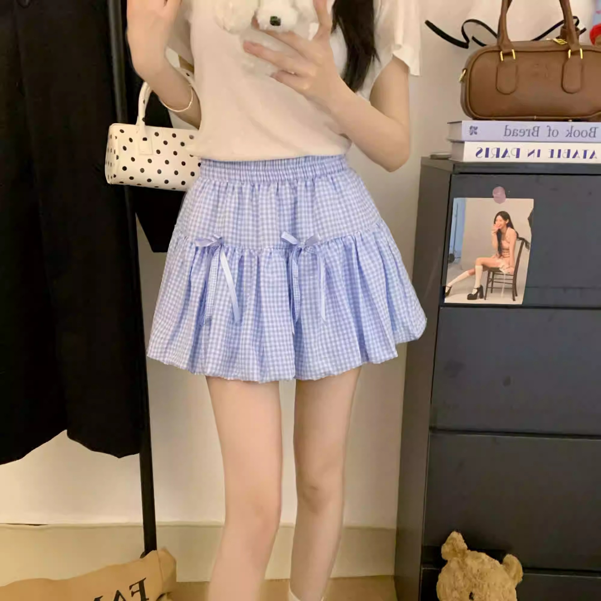 韩系蓝格防走光蝴蝶结半身裙