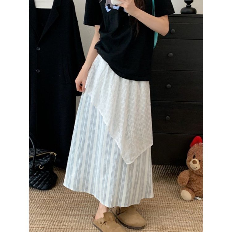 蕾丝拼接条纹半身裙女夏季不规则中长款显瘦高腰a字裙