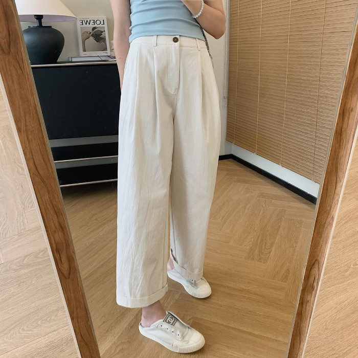 高腰白色阔腿裤显瘦遮肉小个子